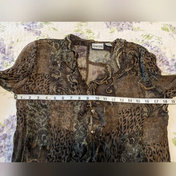 Chico's 100% Silk Sheer Long Sleeve Ruffled Blouse, Size 1/Med NWOT - Picture 5 of 8
